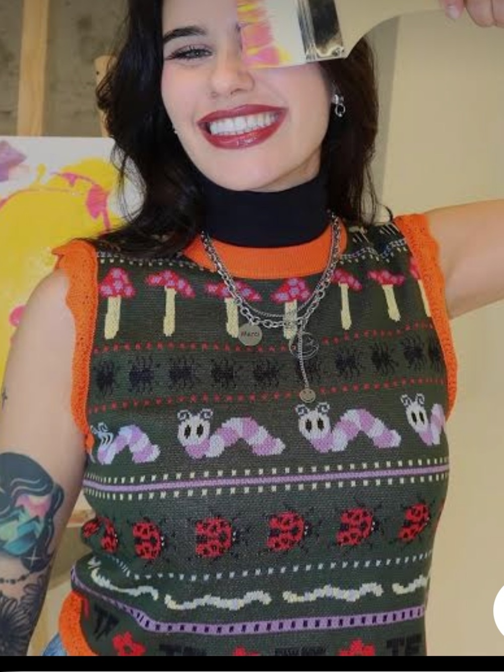 Teddy Fresh In The Garden Sweater Vest Knit Cropped Dark Green Orange Scallop M